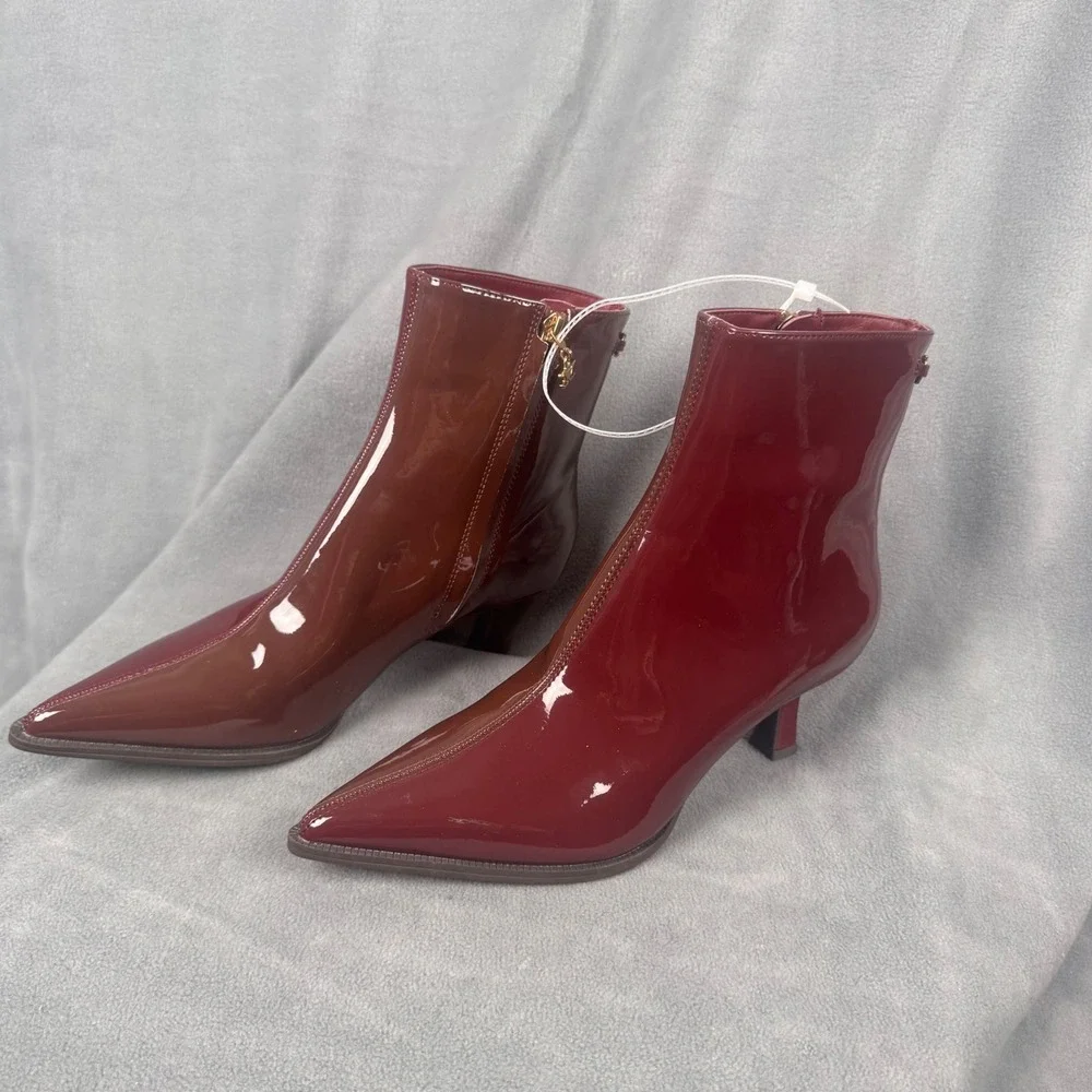Circus Sam Edelman Two Tone Patent‎ Pointed Toe Kitten Heel Ankle Boots Burgundy